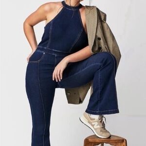 Free People Sydney Dark Blue Denim Halter Jumpsuit